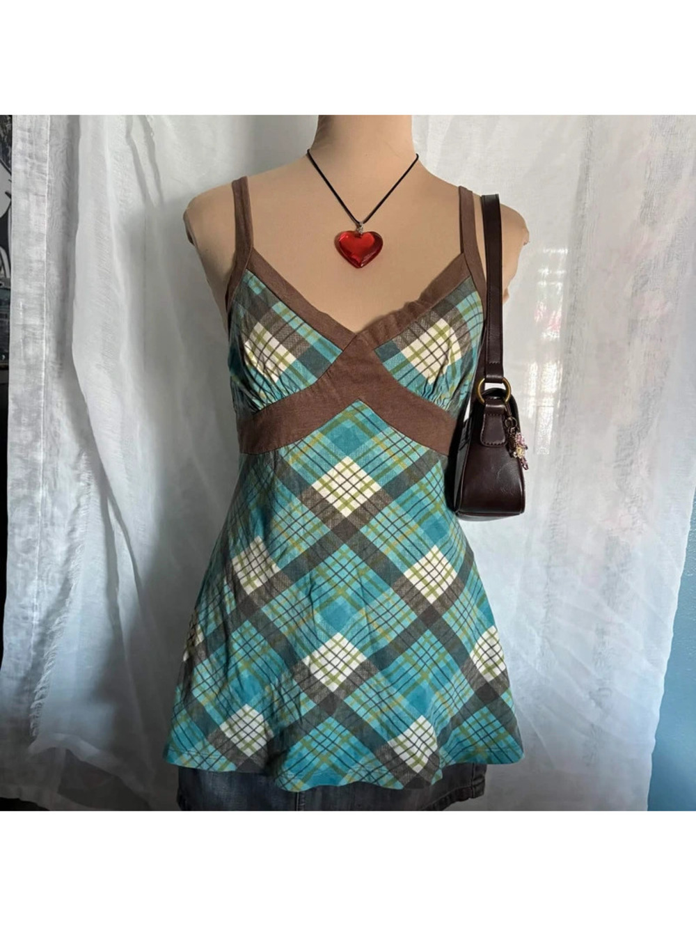 blue & brown plaid tank top